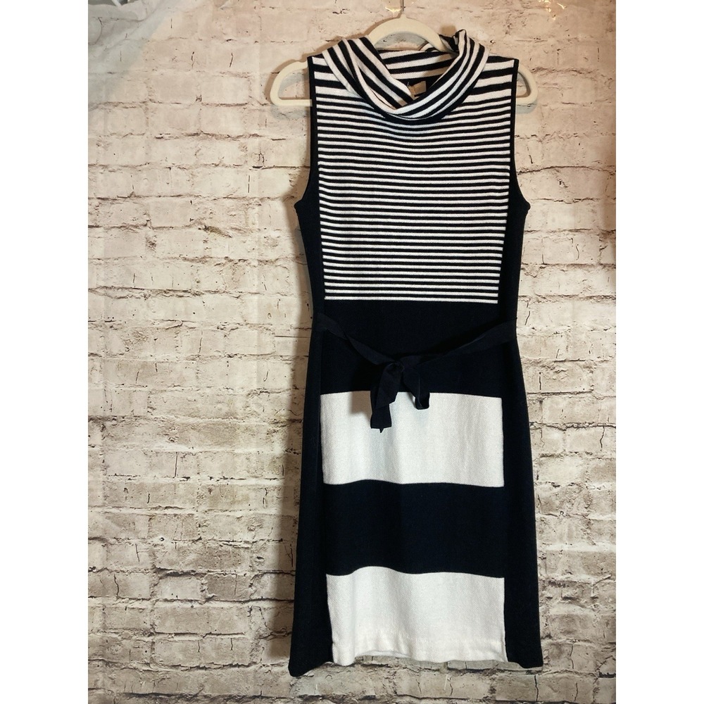 Etcetera Knit Dress Medium Black White Striped Colorblock Cowl Neck Belted